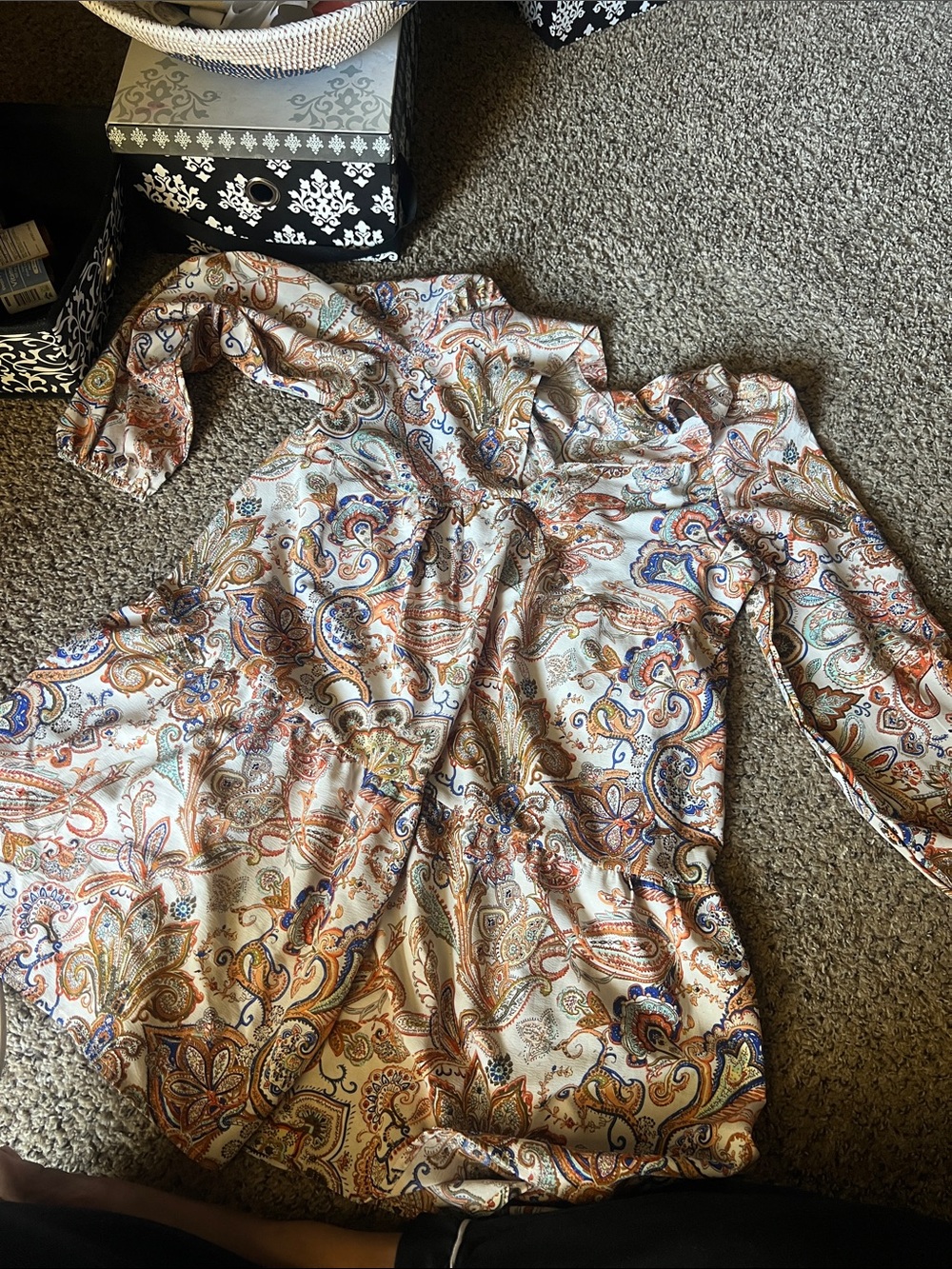 Long-Sleeve Paisley Tiered Dress in Cream and Multicolor